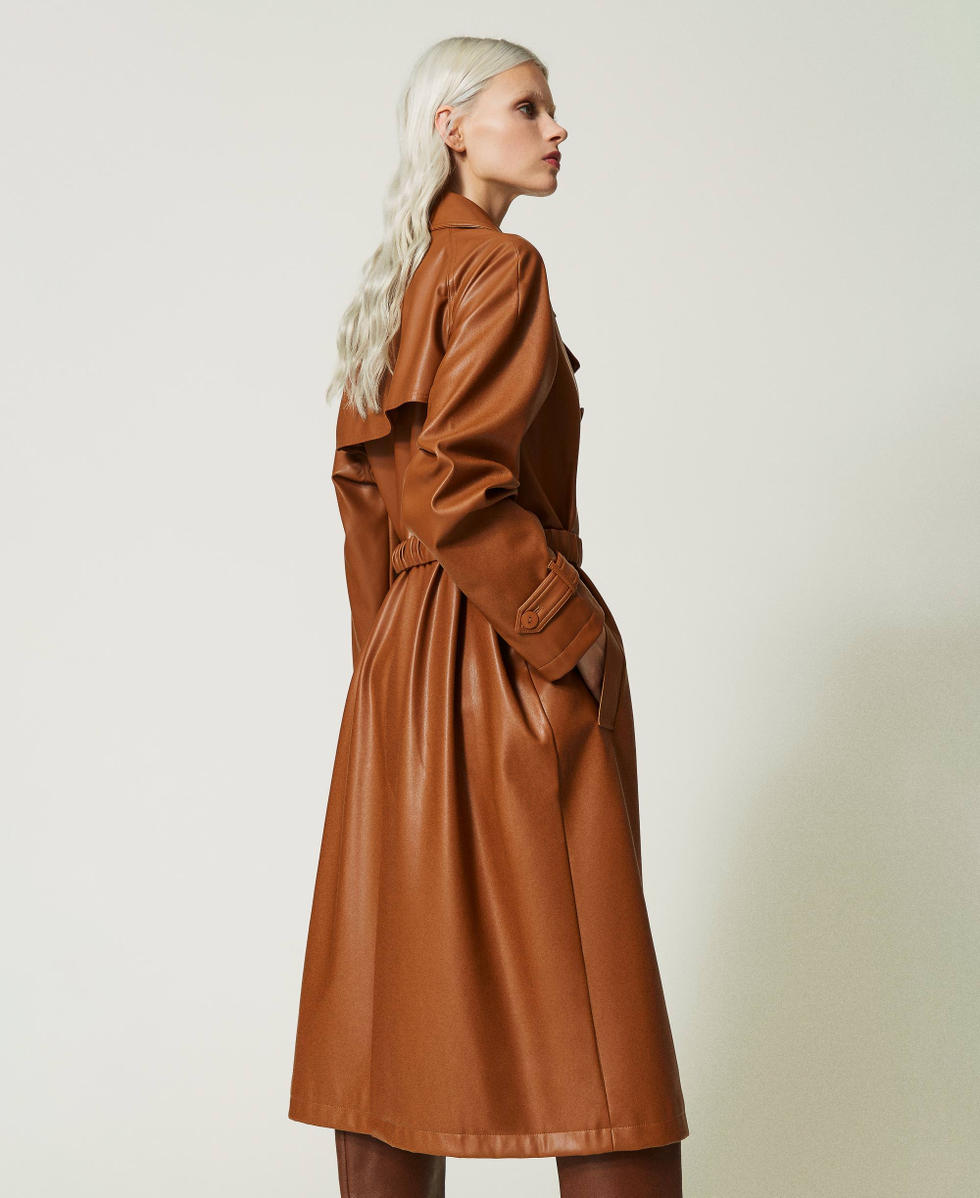 Leather-like trench coat with elasticated belt Leather Brown Woman 232TP2900_10785_04