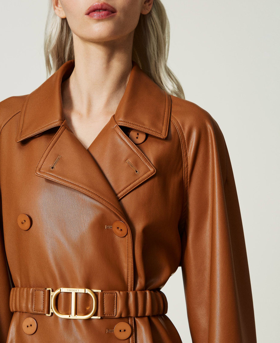 Leather-like trench coat with elasticated belt