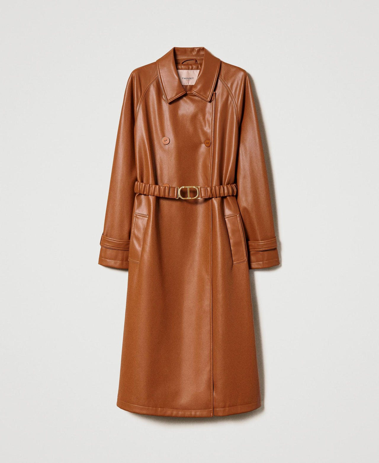 Leather-like trench coat with elasticated belt Leather Brown Woman 232TP2900-0S