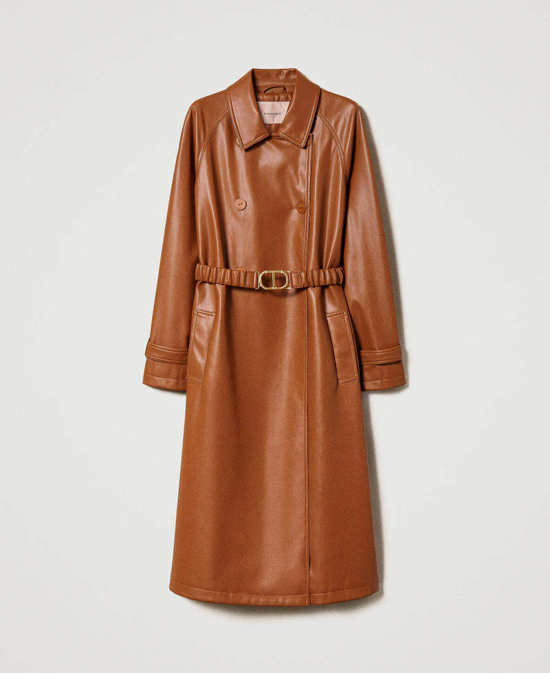Leather-like trench coat with elasticated belt Leather Brown Woman 232TP2900-0S