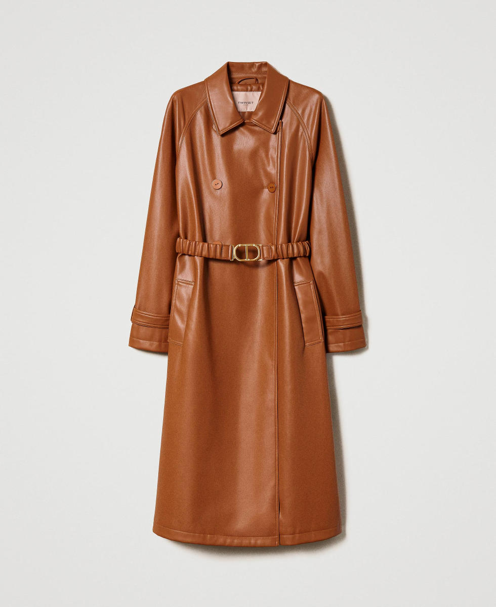 Leather-like trench coat with elasticated belt Leather Brown Woman 232TP2900_10785_S0