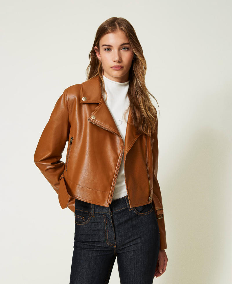 Leather-like biker jacket Leather Brown Woman 232TP290A-01