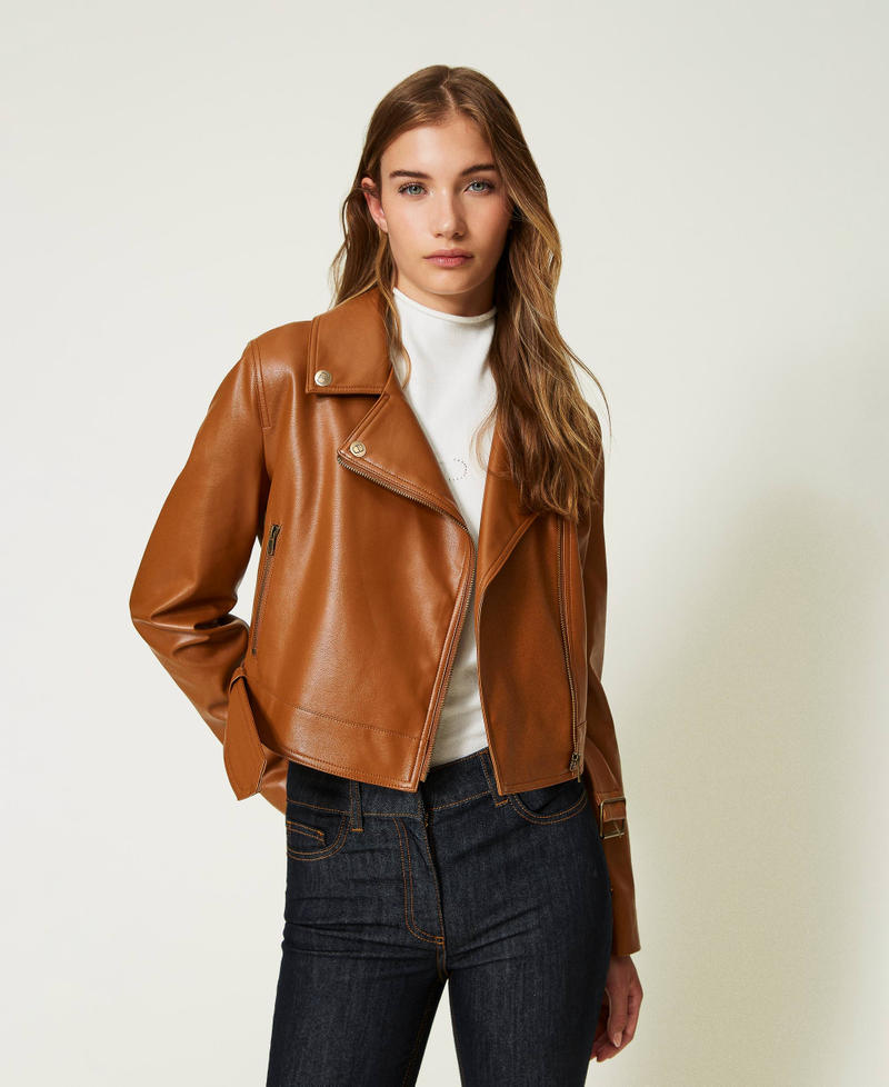 Leather-like biker jacket Leather Brown Woman 232TP290A_10785_01