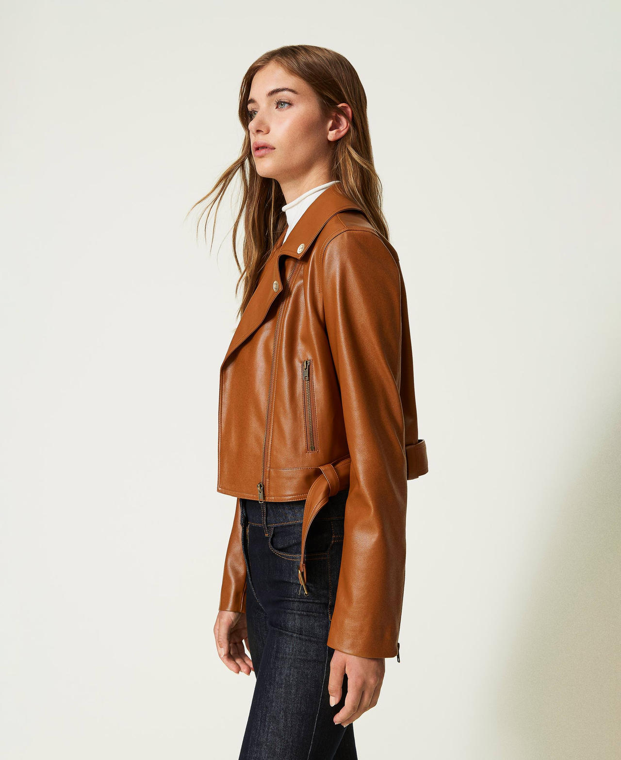 Leather-like biker jacket Leather Brown Woman 232TP290A_10785_02