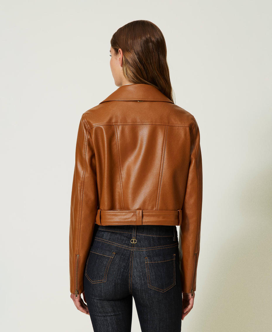 Leather-like biker jacket Leather Brown Woman 232TP290A_10785_03