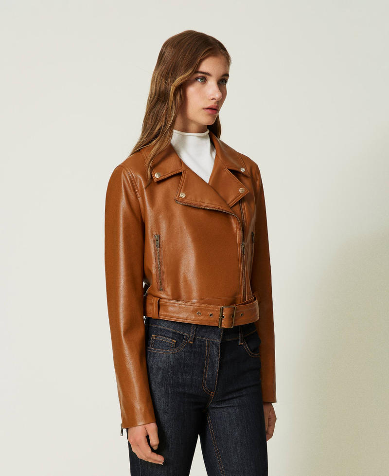 Leather-like biker jacket Leather Brown Woman 232TP290A_10785_04