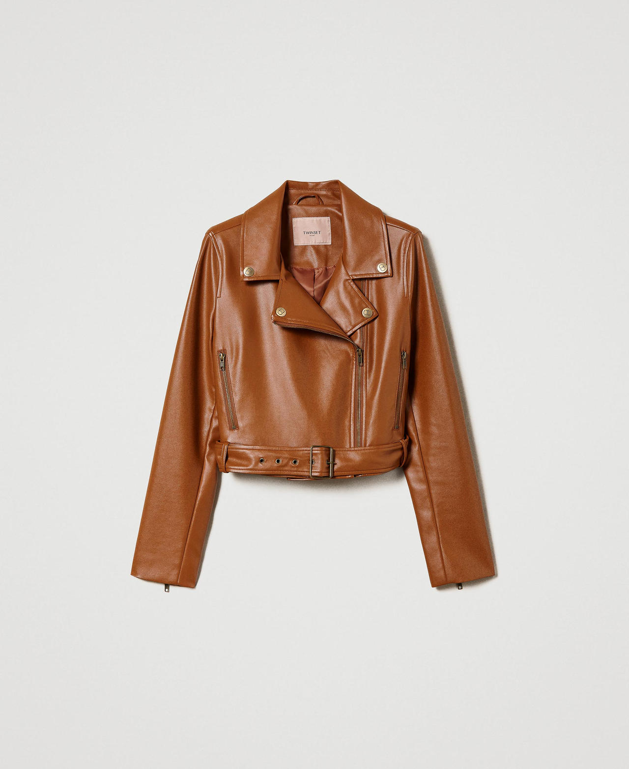 Leather-like biker jacket Leather Brown Woman 232TP290A_10785_0S