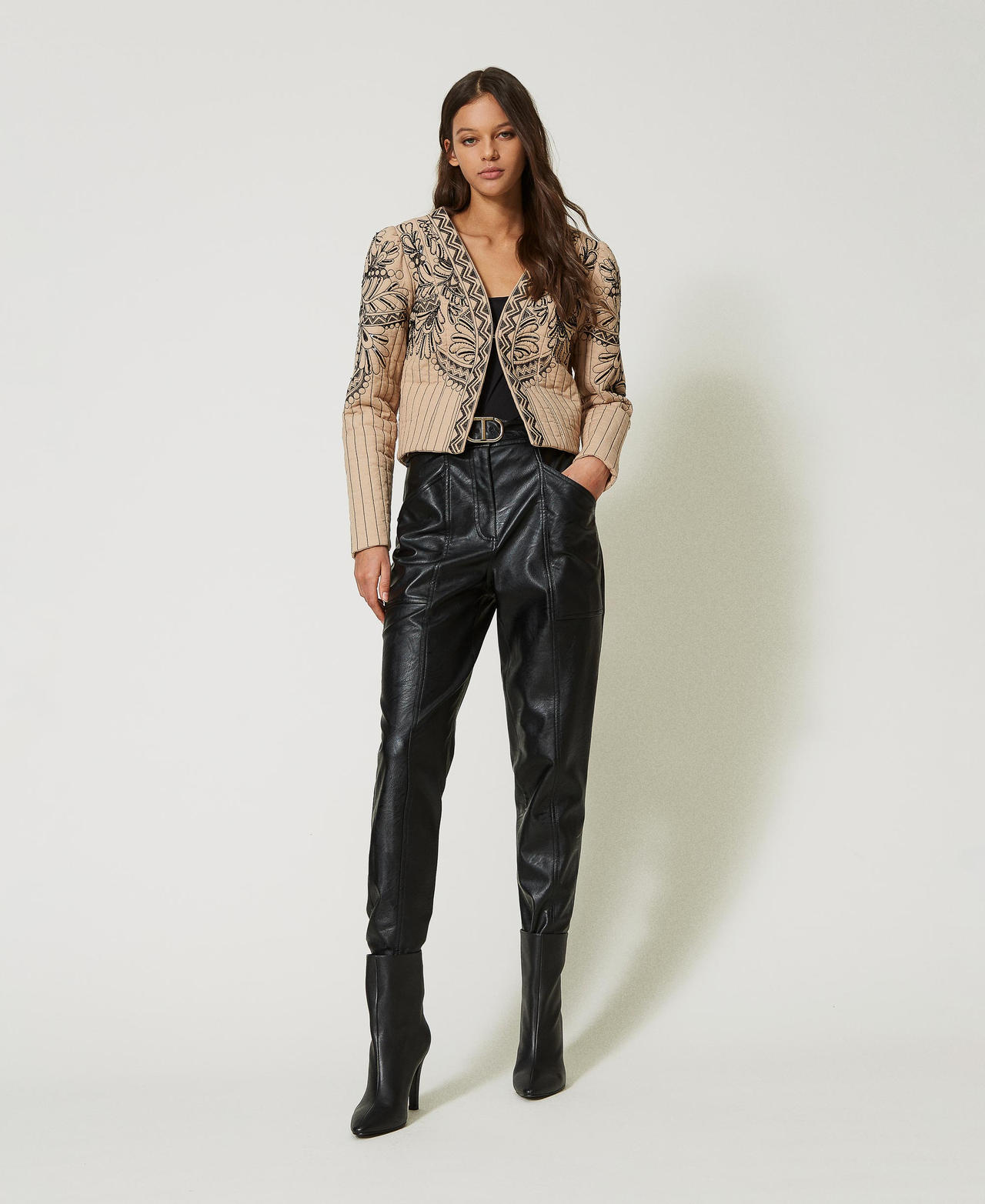 Leather-like trousers with buckle Leather Brown Woman 232TP290E-02