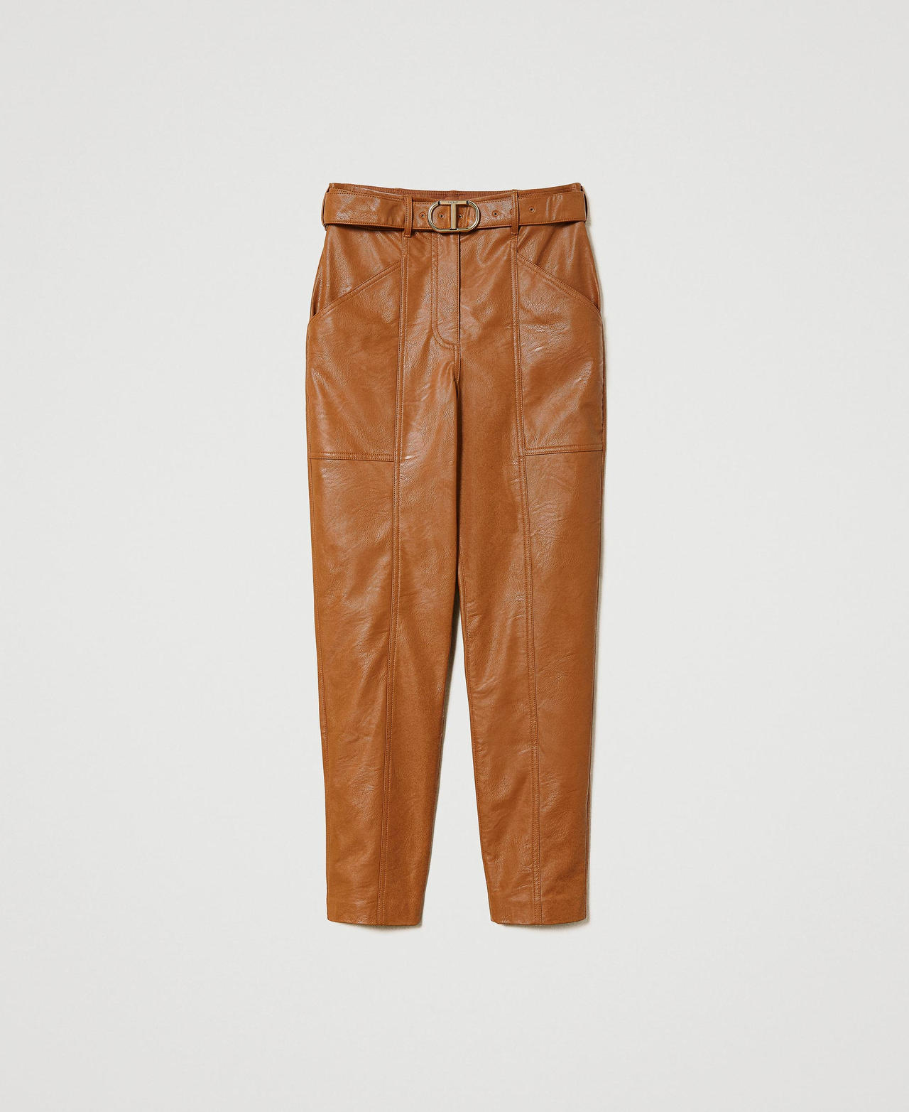 Leather-like trousers with buckle Leather Brown Woman 232TP290E-0S