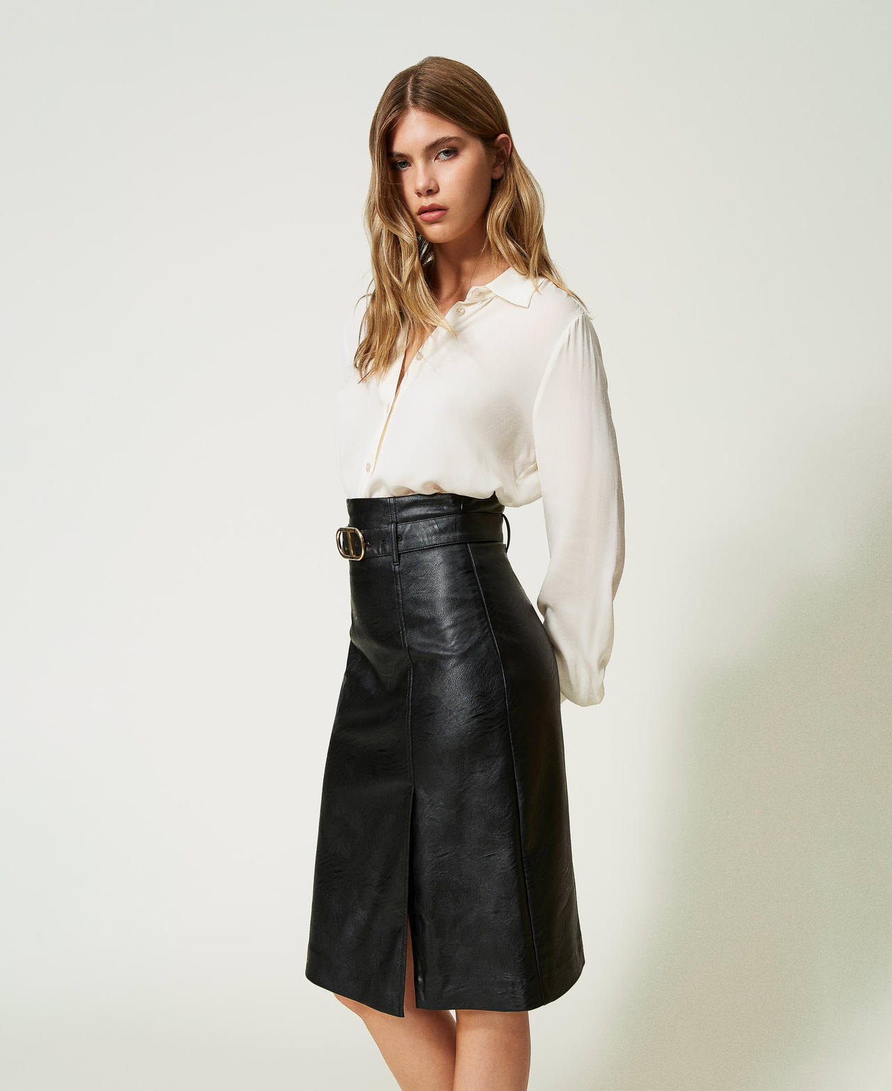 Leather-like midi skirt