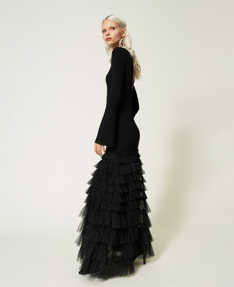Set 2 pezzi: abito canotta con balze in tulle + pullover asimmetrico – Nero