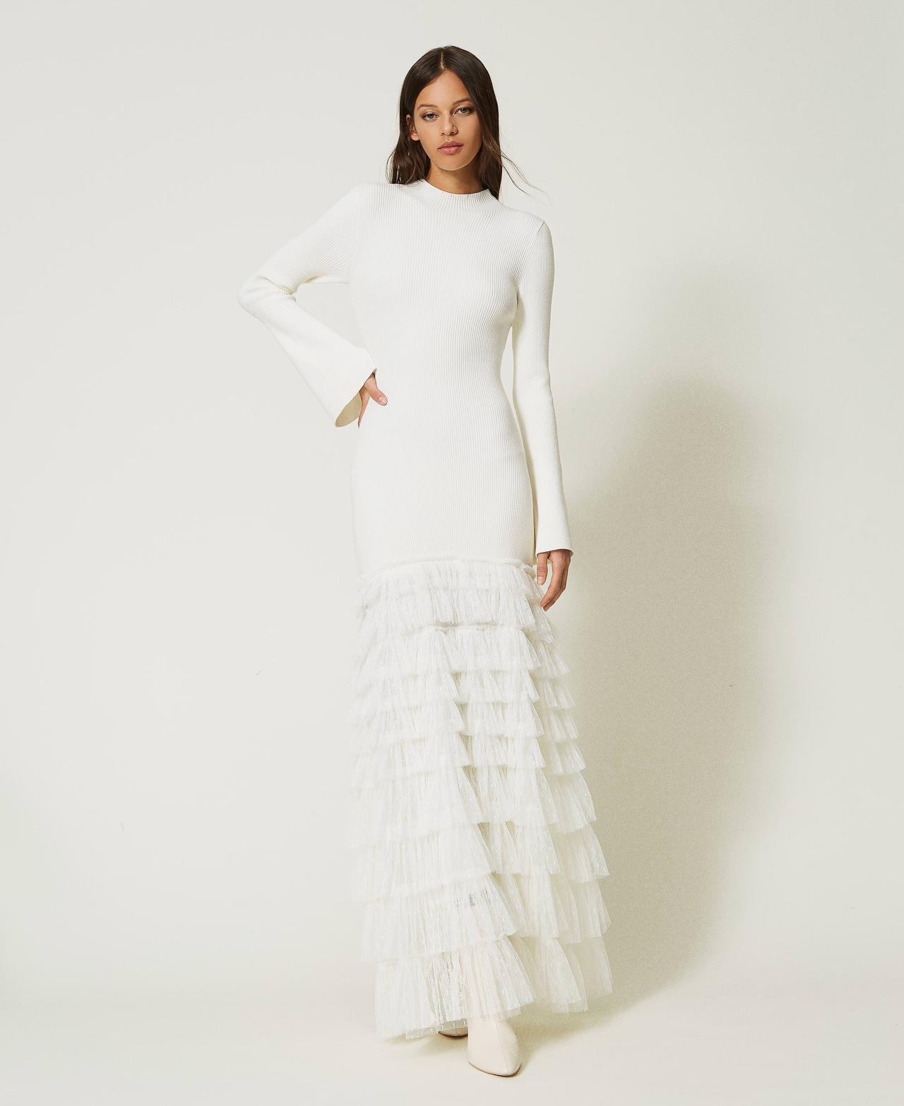 Long knit dress with tulle flounces Woman, White | TWINSET Milano