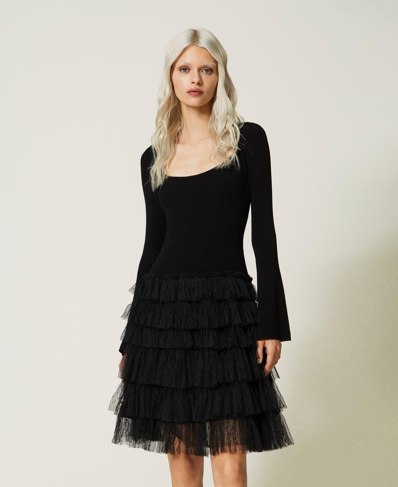 Short knit dress with tulle flounces Woman, Black | TWINSET Milano