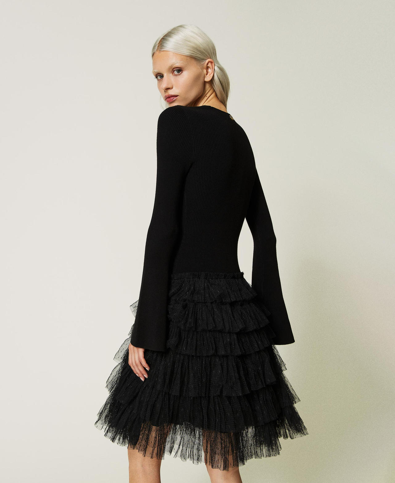 Short knit dress with tulle flounces Woman Black TWINSET Milano