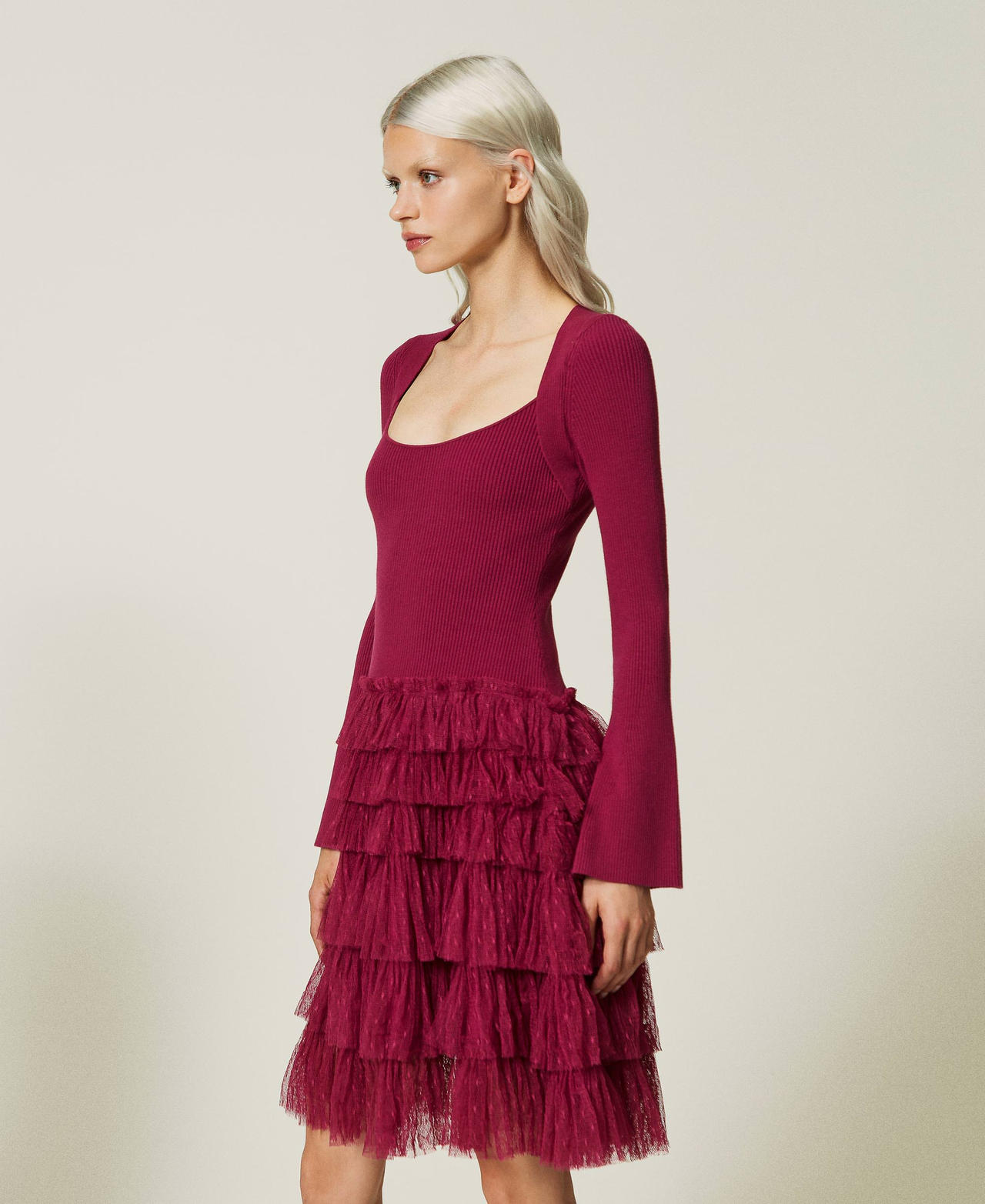 Short knit dress with tulle flounces "Raspberry Radiance" Purple Woman 232TP3051-02
