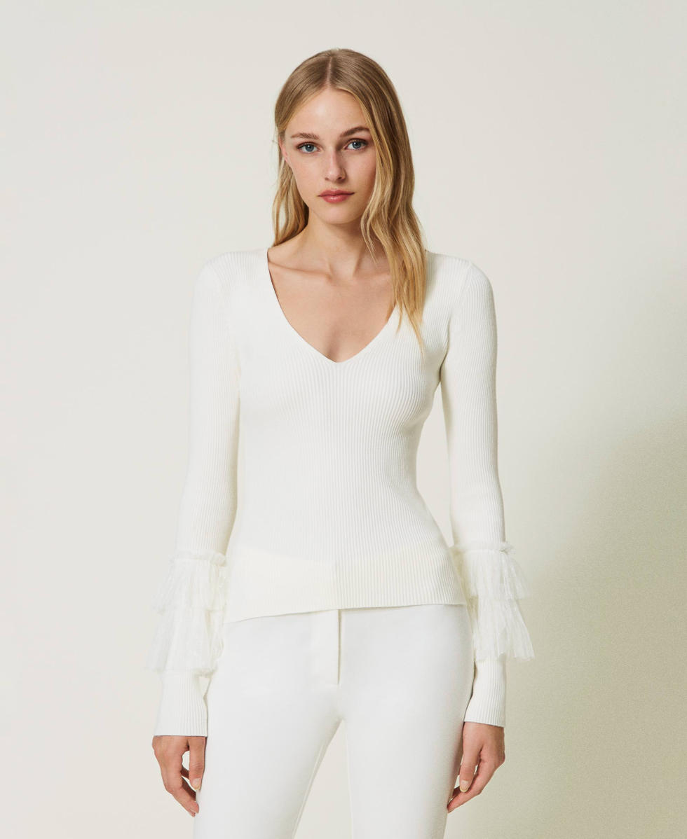 Fitted jumper with tulle flounces Woman White TWINSET Milano