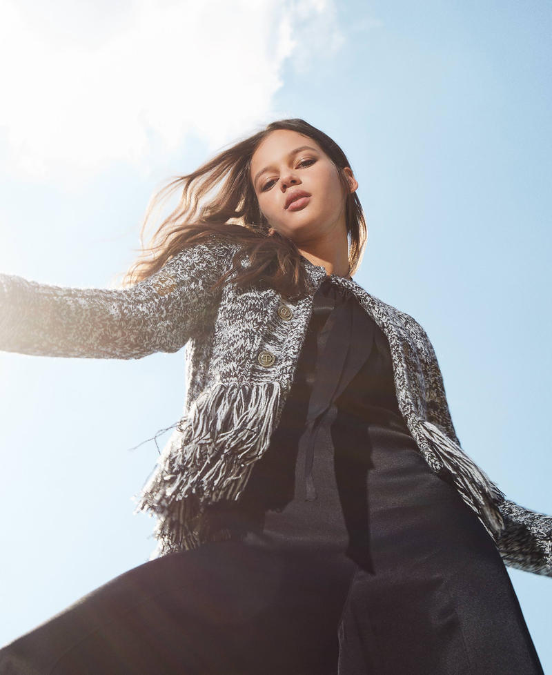 Wool blend Mandarin collar jacket with fringes