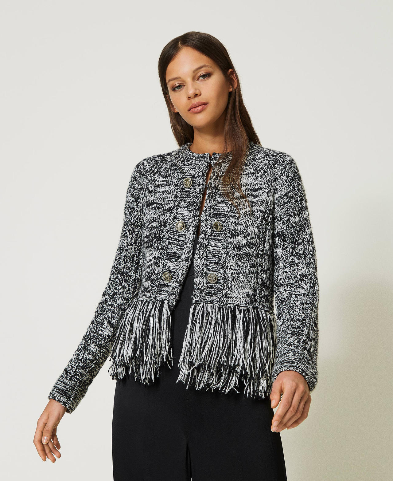 Wool blend Mandarin collar jacket with fringes Bicolour "Snow" White / Black Woman 232TP3060-02