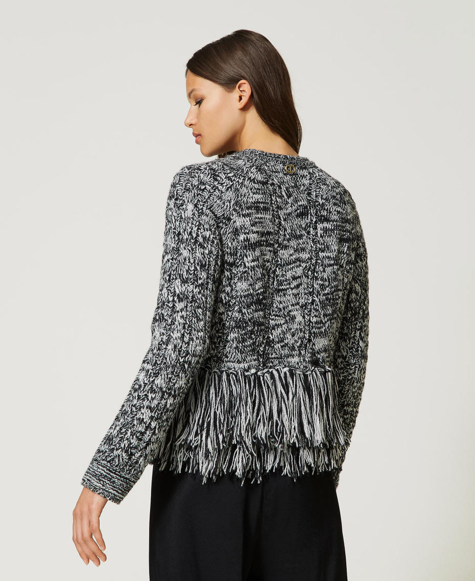 Chaqueta de cuello mao de punto de lana mixta con flecos Bicolor Blanco "Nieve" / Negro Mujer 232TP3060-05