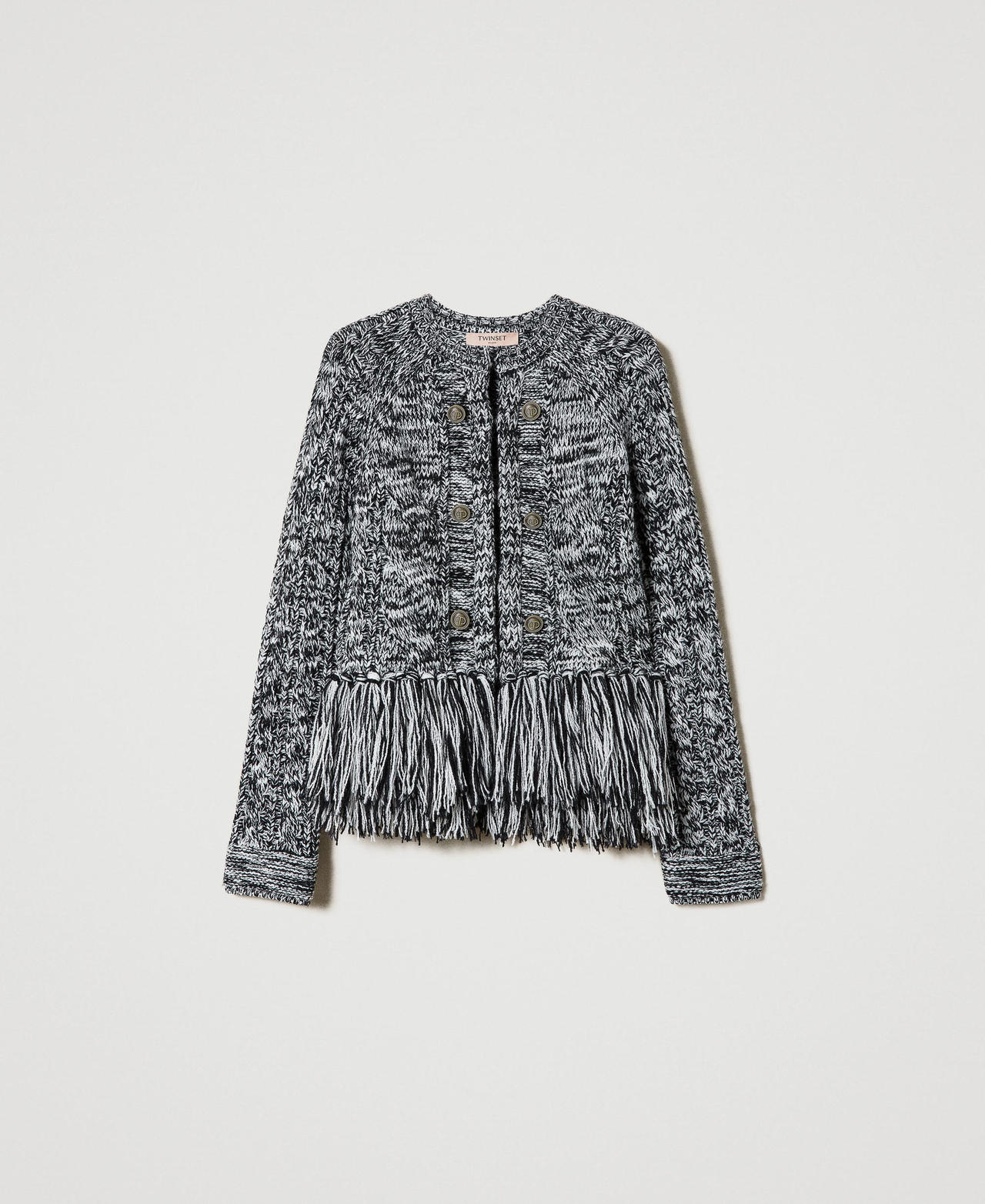 Blouson sans col en maille de laine mélangée avec franges Bicolore Blanc Neige / Noir Femme 232TP3060-0S