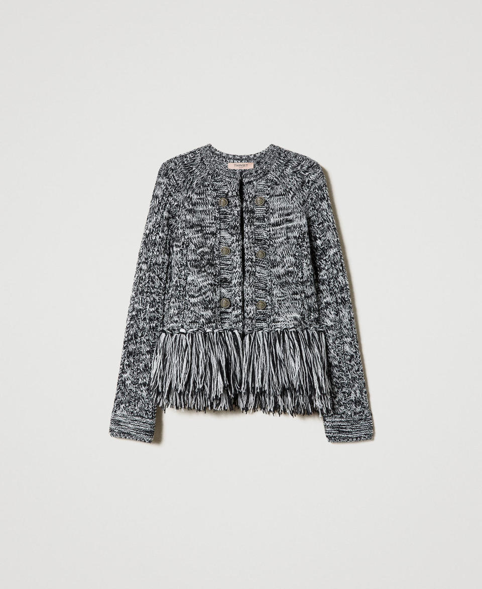 Wool blend Mandarin collar jacket with fringes  Bicolour "Snow" White / Black Woman 232TP3060_02761_0S