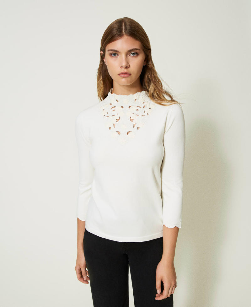 Turtleneck jumper with broderie anglaise embroidery White Snow Woman 232TP3090-01
