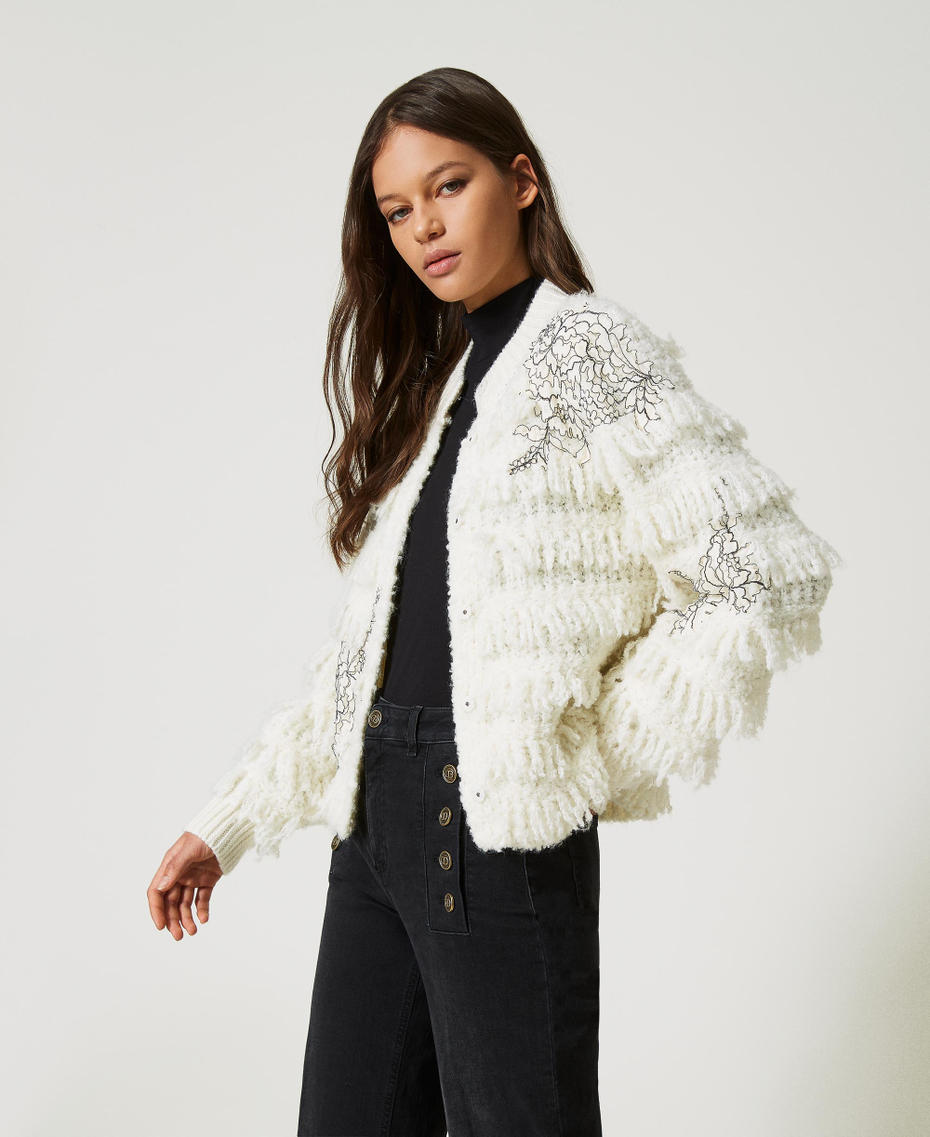 Knit jacket with fringes and lace White Snow Woman 232TP3130-03