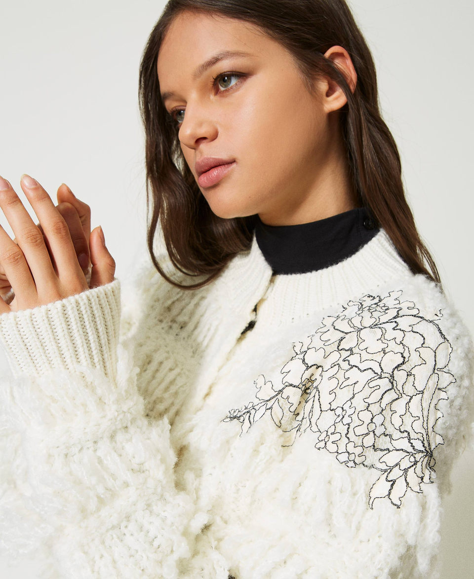 Knit jacket with fringes and lace Woman White TWINSET Milano