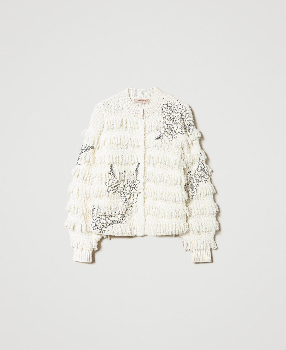 Knit jacket with fringes and lace
