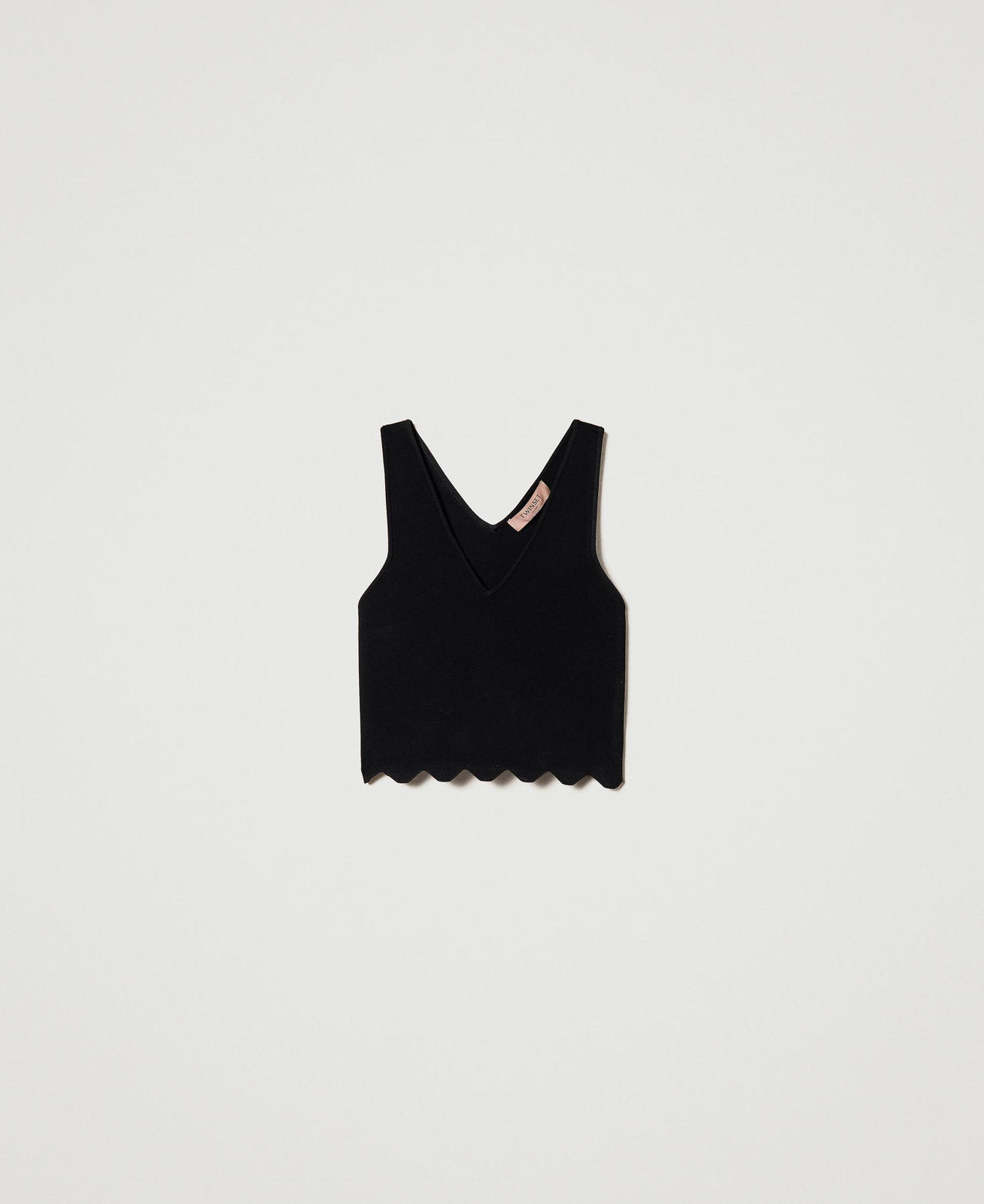Cropped knit top with scalloped hem Black Woman 232TP3142-0S