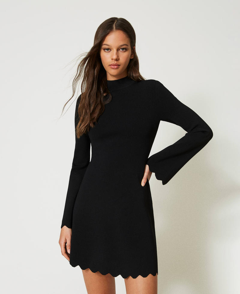 Short knit dress with scalloped trim Woman, Black | TWINSET Milano