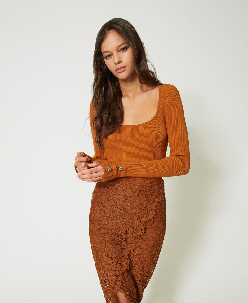 Fitted ribbed jumper Leather Brown Woman 232TP3173_10785_01