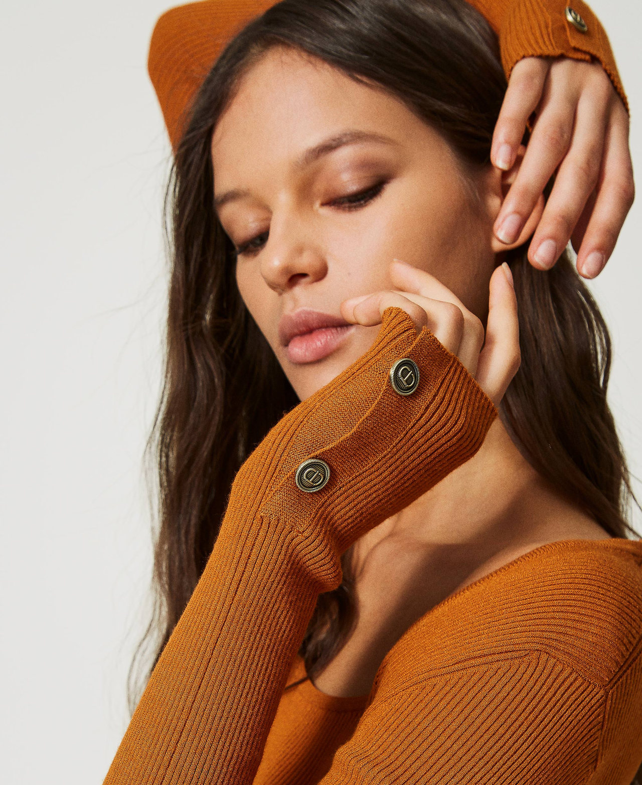 Fitted ribbed jumper Leather Brown Woman 232TP3173_10785_02