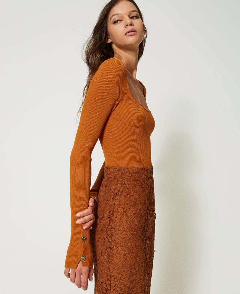 Fitted ribbed jumper Leather Brown Woman 232TP3173_10785_03