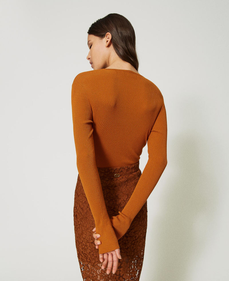 Fitted ribbed jumper Leather Brown Woman 232TP3173_10785_04