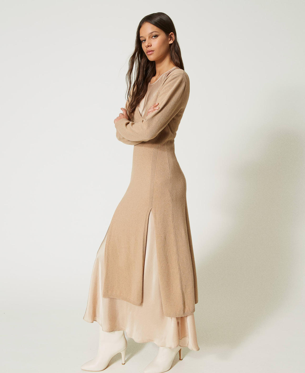 Wool blend maxi jumper and long satin dress