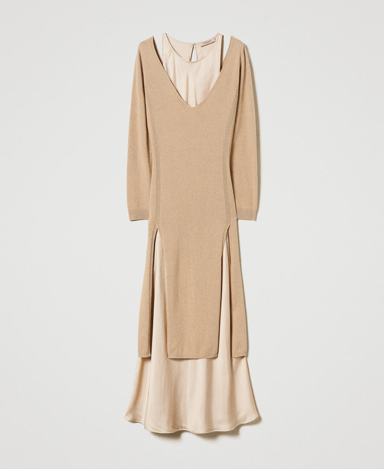 Длинная трикотажная кофта из смесовой шерсти и длинное атласное платье Коричневый "Ледяной кофе" Светлый женщина 232TP3210-0S