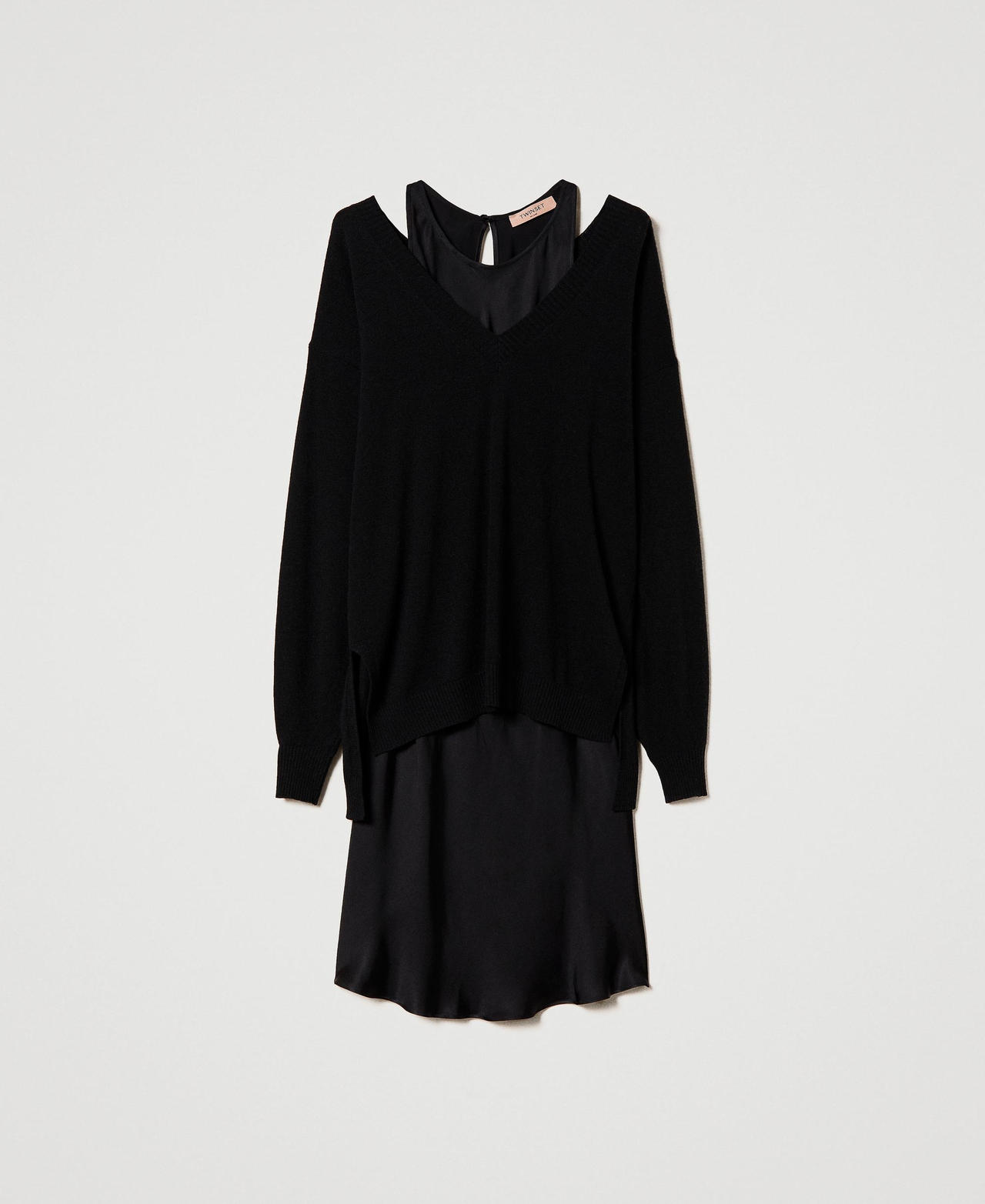 Длинная трикотажная кофта из смесовой шерсти и атласное платье Черный женщина 232TP3211-0S