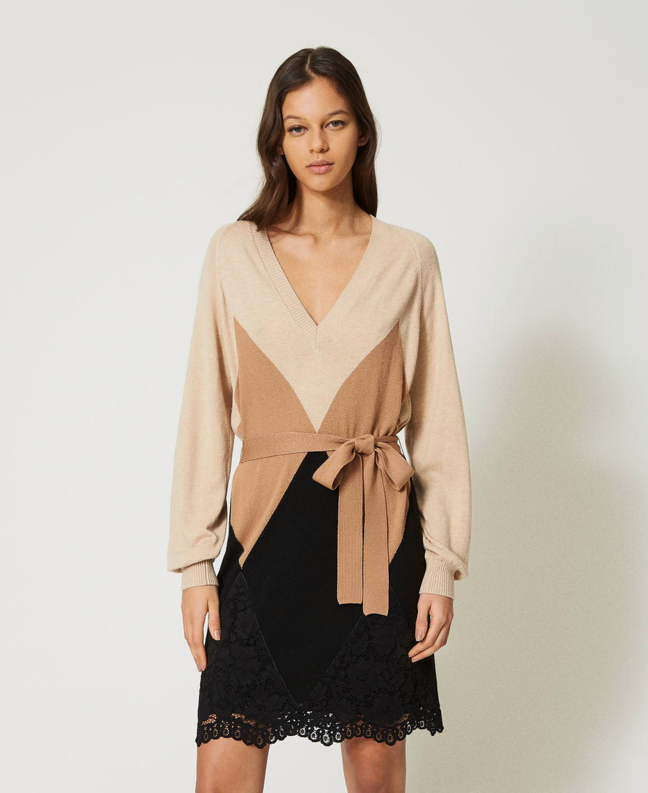 Short wool blend dress with lace