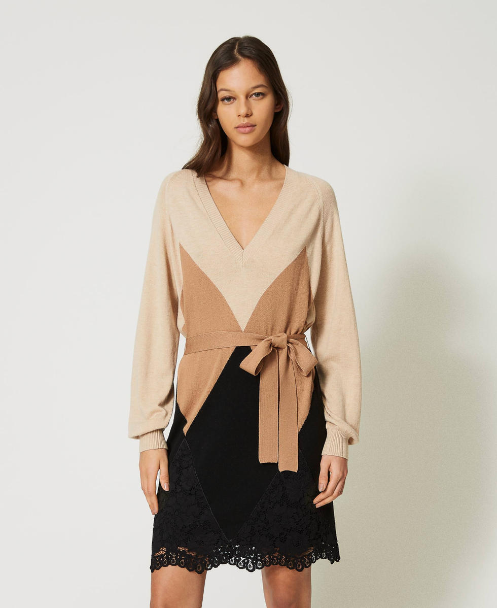 Robe courte en maille de laine m lang e avec dentelle Femme