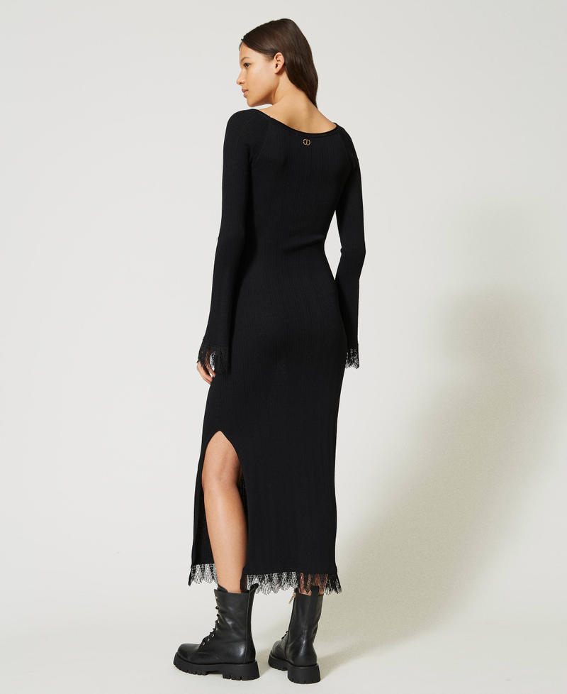 Geripptes Midi-Strickkleid mit Spitze Schwarz Frau 232TP3492_00006_04