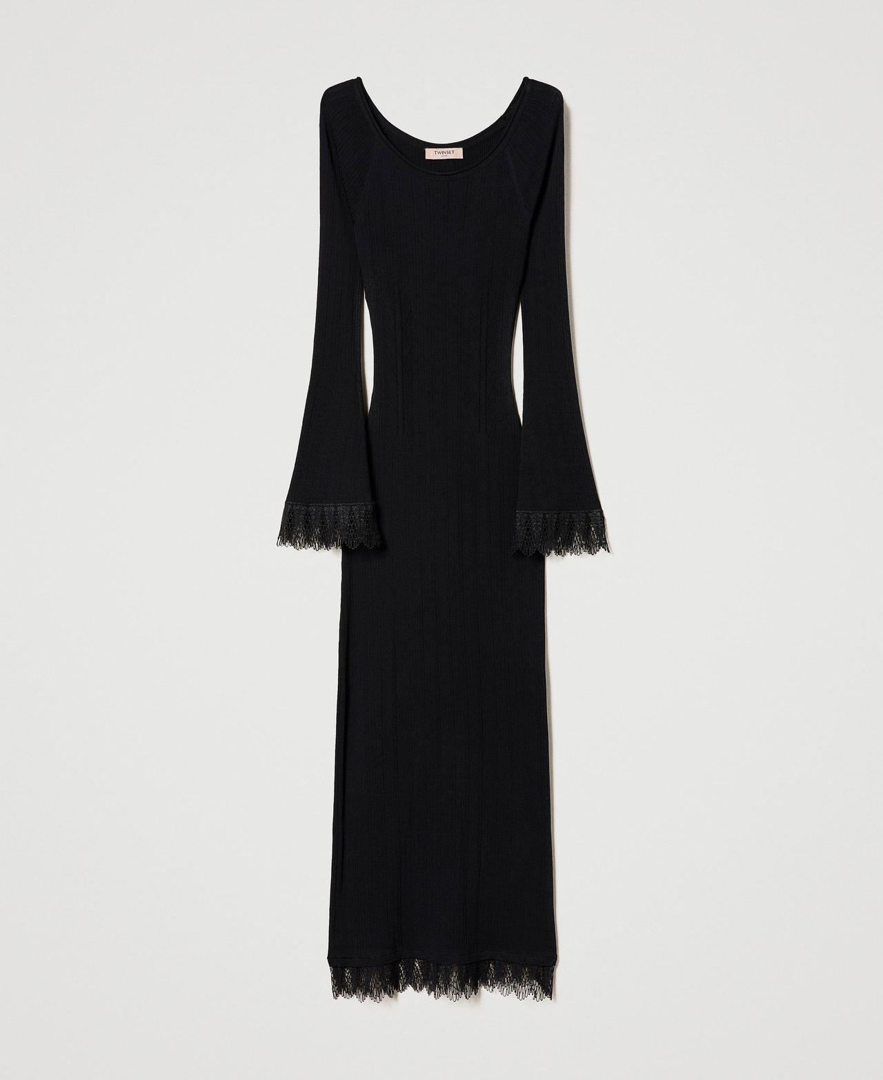 Geripptes Midi-Strickkleid mit Spitze Schwarz Frau 232TP3492_00006_0S