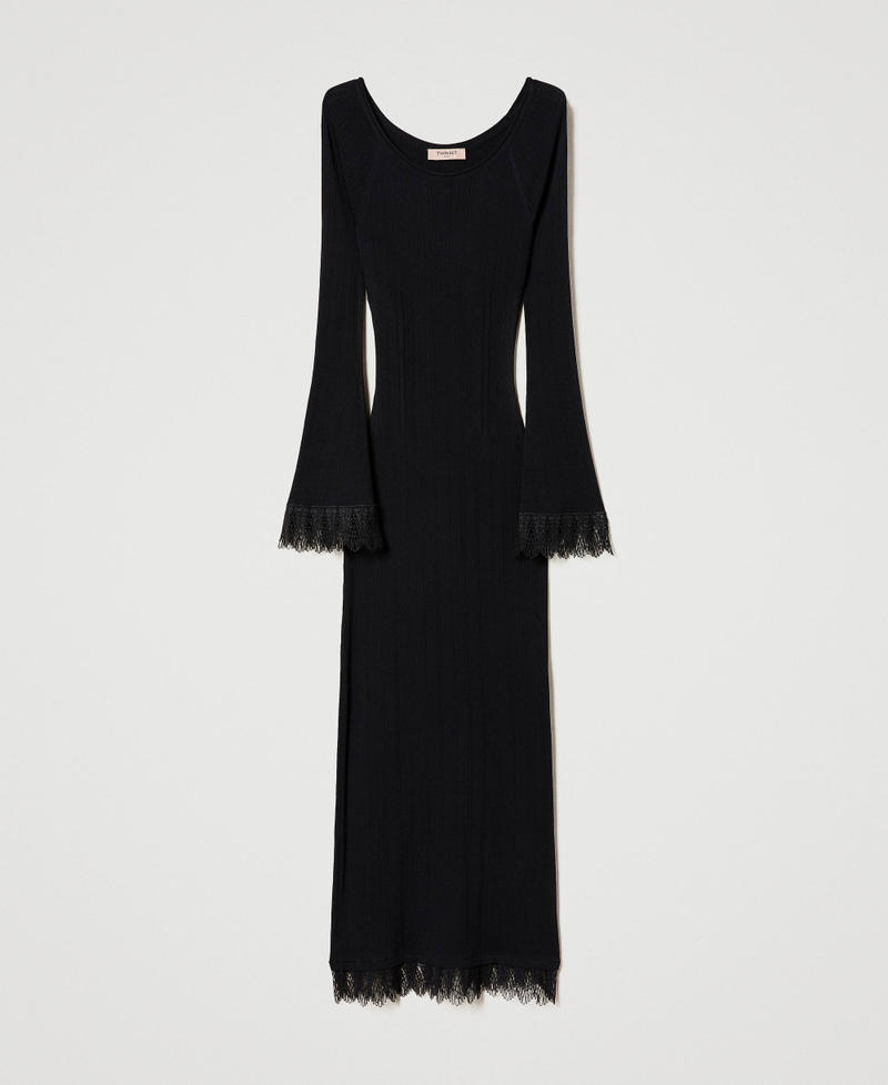 Geripptes Midi-Strickkleid mit Spitze Schwarz Frau 232TP3492_00006_0S