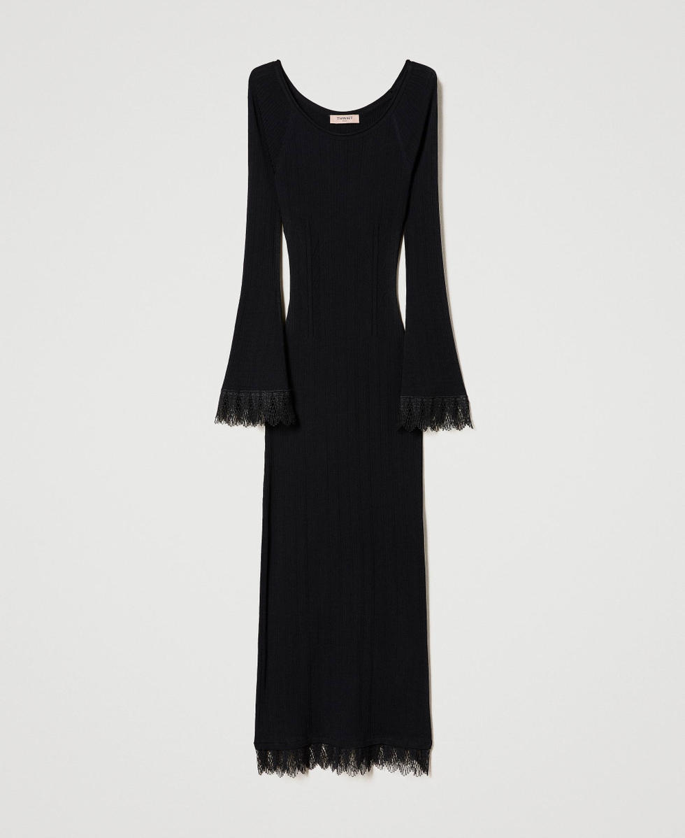 Abito longuette in maglia a costine con pizzo