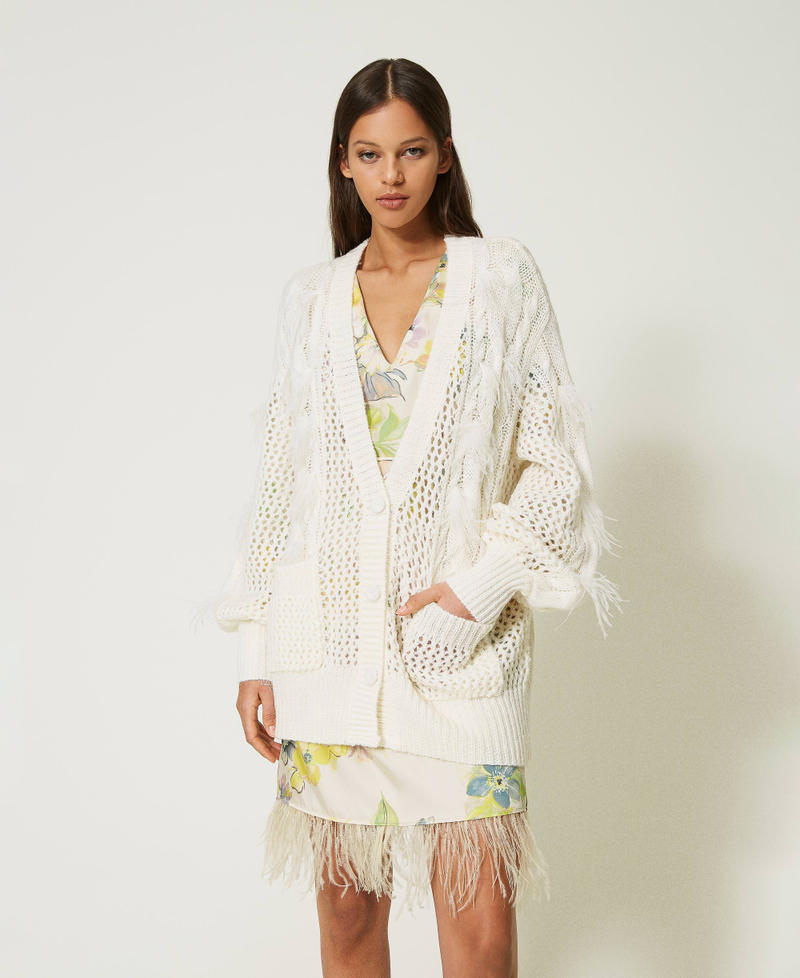 Cardigan en laine et alpaga avec plumes Blanc Neige Femme 232TP3511-01