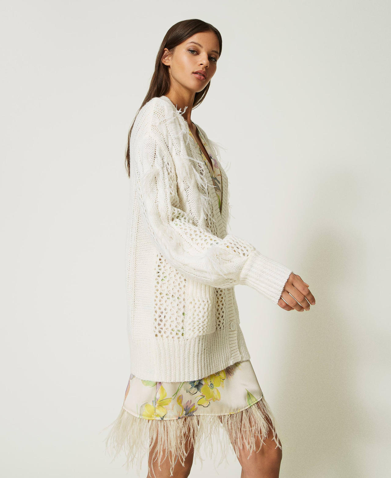 Cardigan en laine et alpaga avec plumes Blanc Neige Femme 232TP3511-02