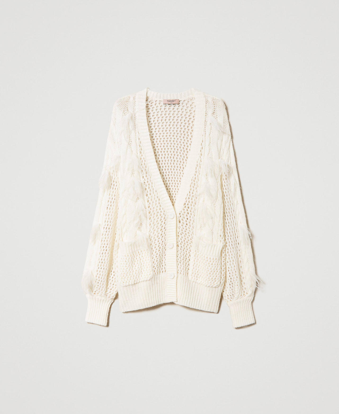 Cardigan in lana e alpaca con piume Bianco Neve Donna 232TP3511-0S