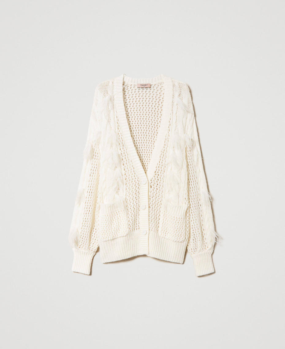Alpaca and wool cardigan with feathers White Snow Woman 232TP3511_00282_S0