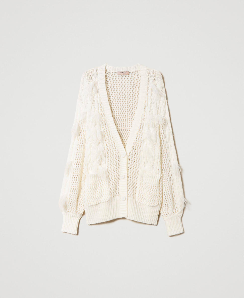 Alpaca and wool cardigan with feathers Woman White TWINSET Milano