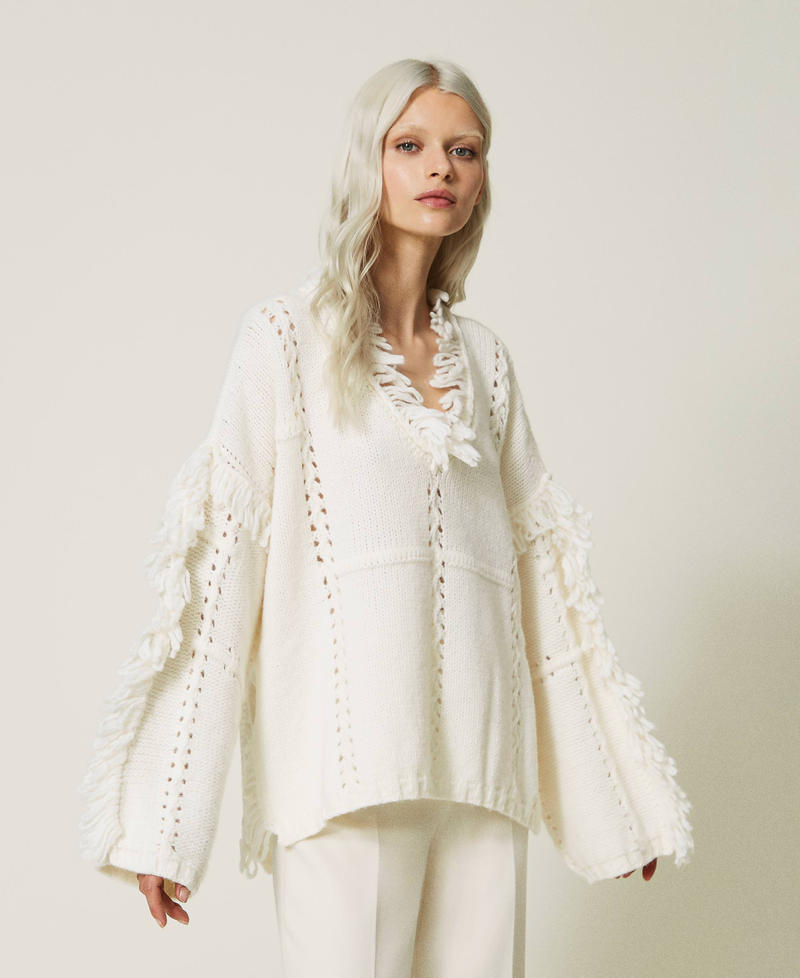 Poncho-Pullover aus Wolle und Alpaka Weiß Schnee Frau 232TP3540-02